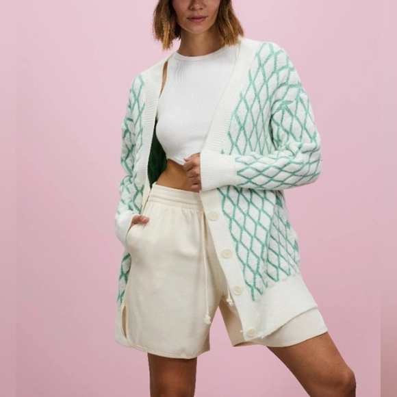 Asos Topshop knitted diamond cardi in ivory and green Size 4-6 - Picture 1 of 13